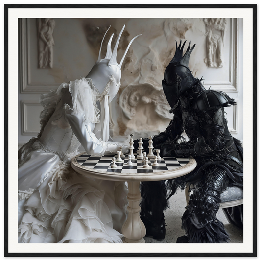 Ornate figures in black and white play chess in Ethereal Minds’ Duel, a fantasy masterpiece