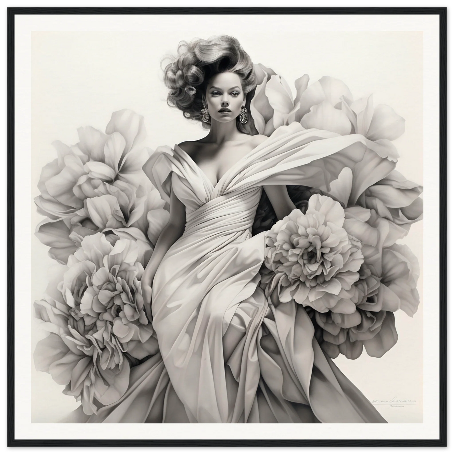 A black and white fashion shot of Gown Enveloped Blossoms with flowing fabric and peonies