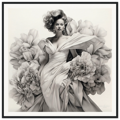 A black and white fashion shot of Gown Enveloped Blossoms with flowing fabric and peonies