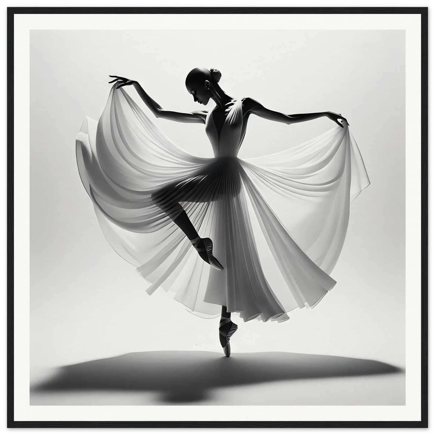 Graceful ballet dancer en pointe with flowing fabric in Graceful Ballet Silence framed poster