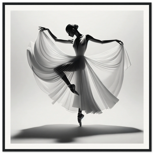 Graceful ballet dancer en pointe with flowing fabric in Graceful Ballet Silence framed poster