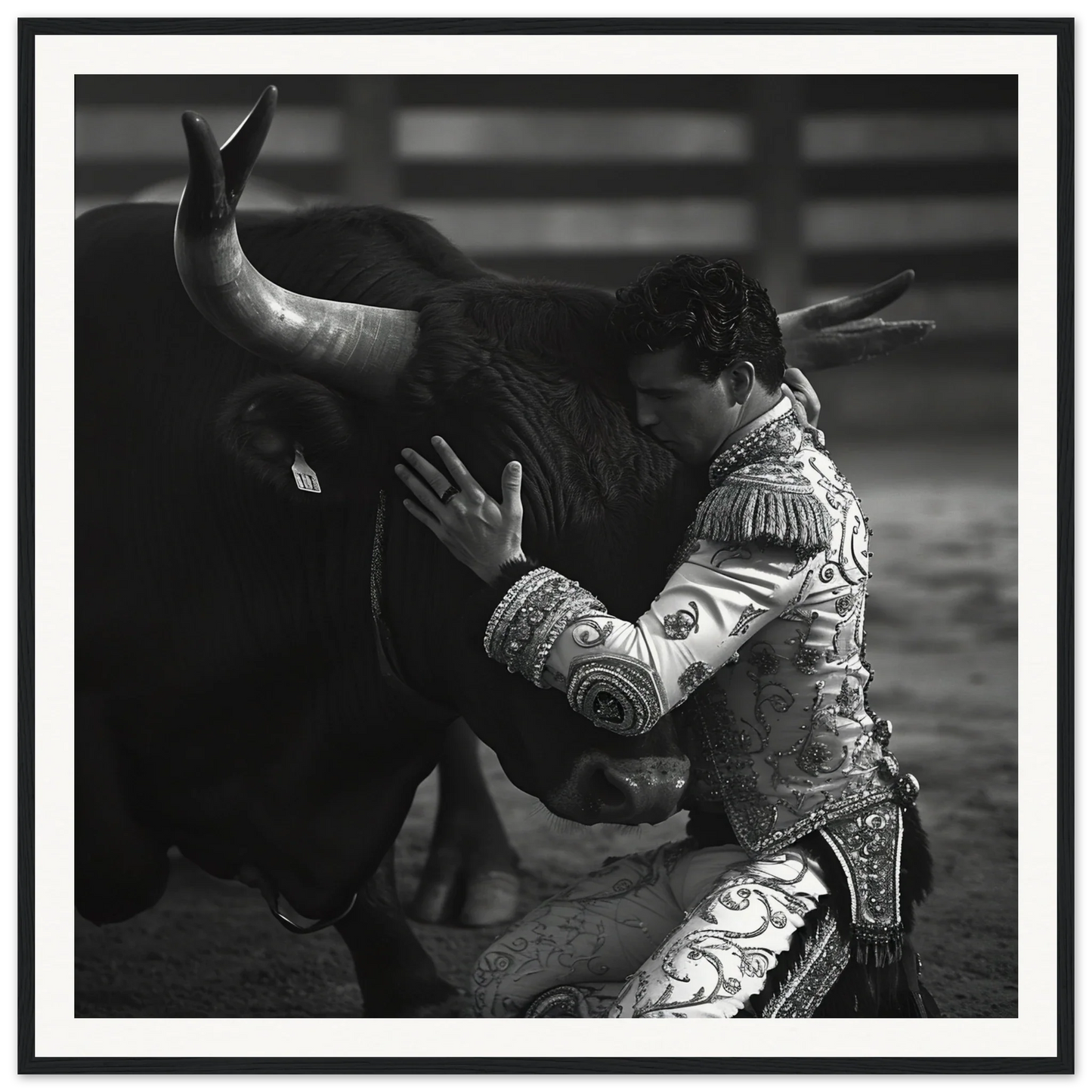 A matador in ornate attire grapples with a bull, a scene from Harmonious Grief Dance