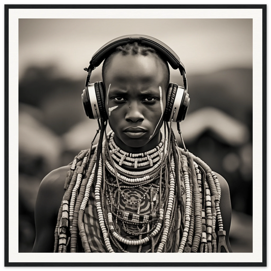 Modern headphones meet traditional tribal necklaces in Headphones & Heritage art
