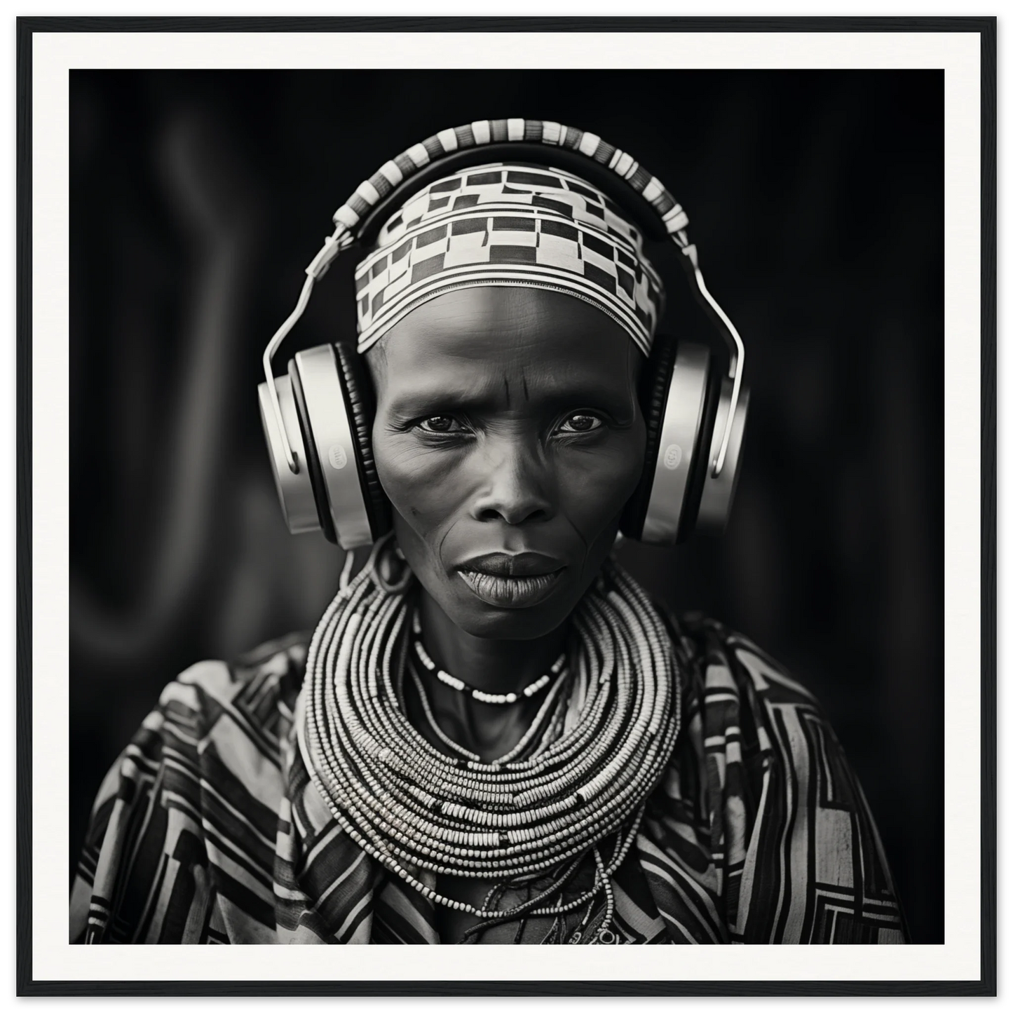 Striking black and white portrait blending tradition meets tech in Head사는Unity art™