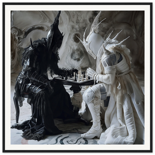 Two contrasting figures in black and white costumes playing chess in Interstice Apparitions Reverie