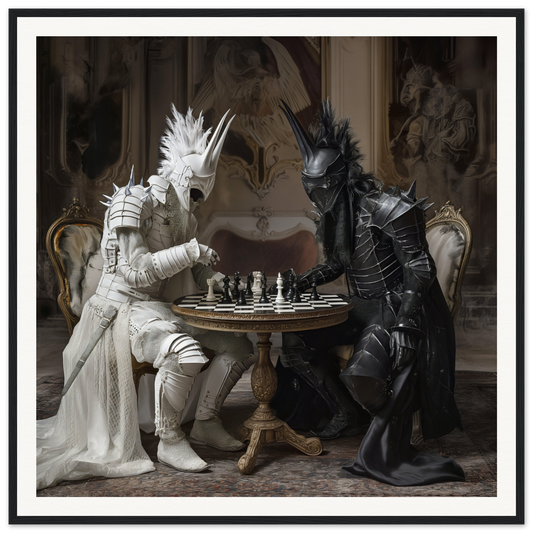 Two armored figures in black and white playing chess at an ornate table in Iron Clash Atlas