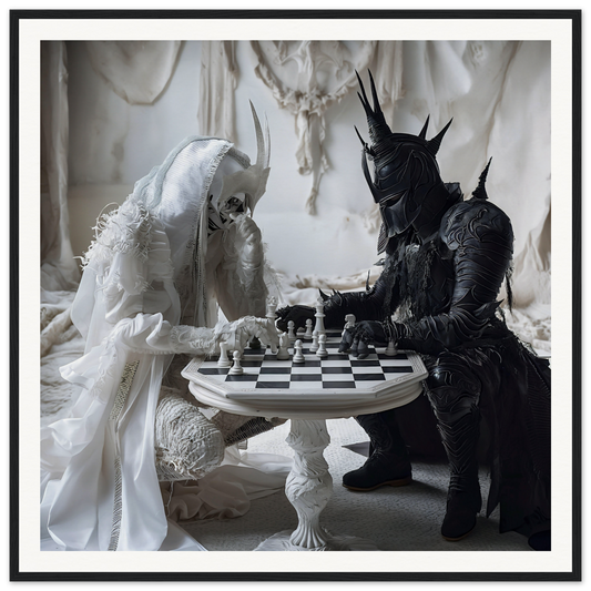 Two figures in white and black costumes play chess at an ornate table in Kindled Celestial Dance