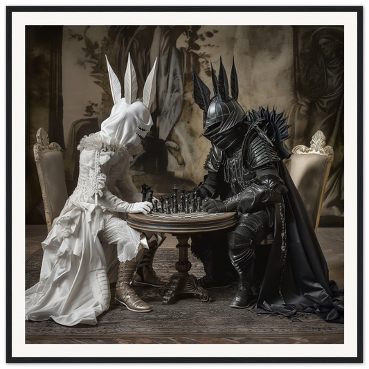 Two armored figures in black and white play chess at a stylish table in Knighted Dreamscapes