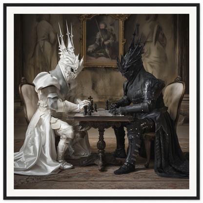 Two armored knights playing chess at a table, featured in Knights’ Cerebral Ballet art