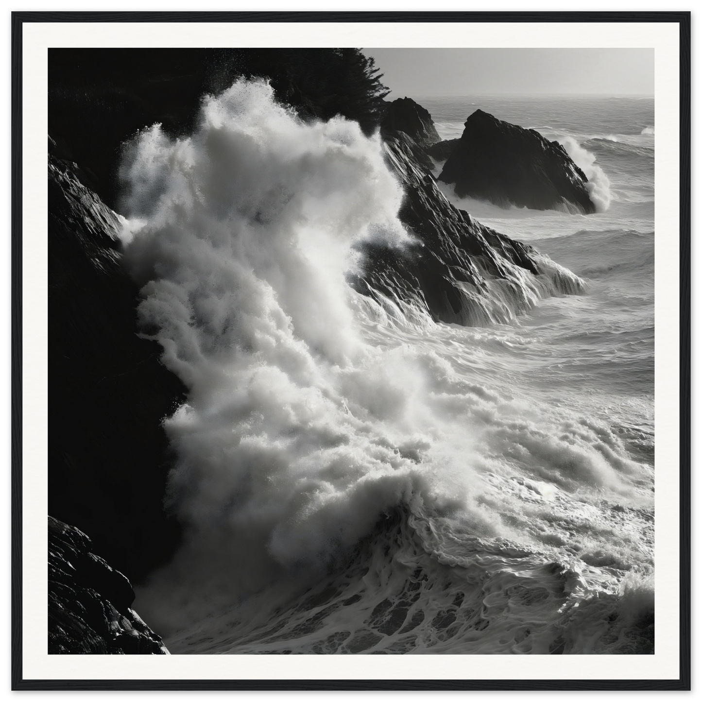 Powerful ocean waves crashing on rocky cliffs in a Livid Sea Symphony seascape framed poster