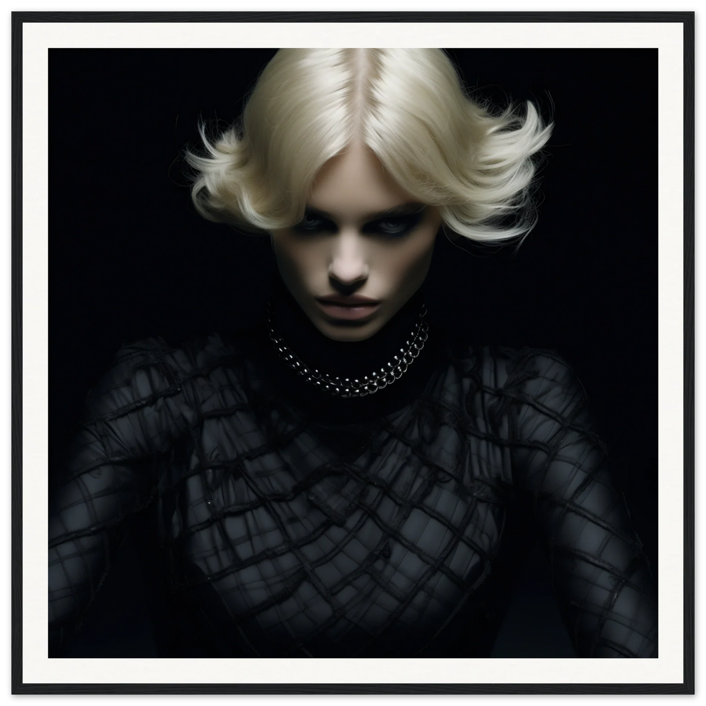 Dramatic portrait of platinum blonde hair in dark clothing for Luminous Gothic Whispers