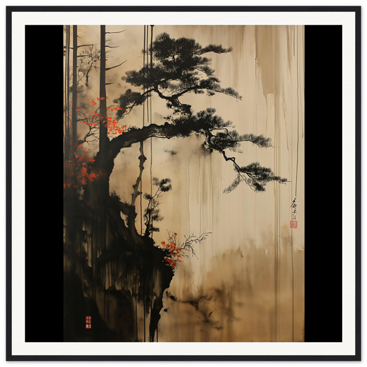 Gnarled pine tree with twisted branches and red blossoms in Luminous Pine Solitude art