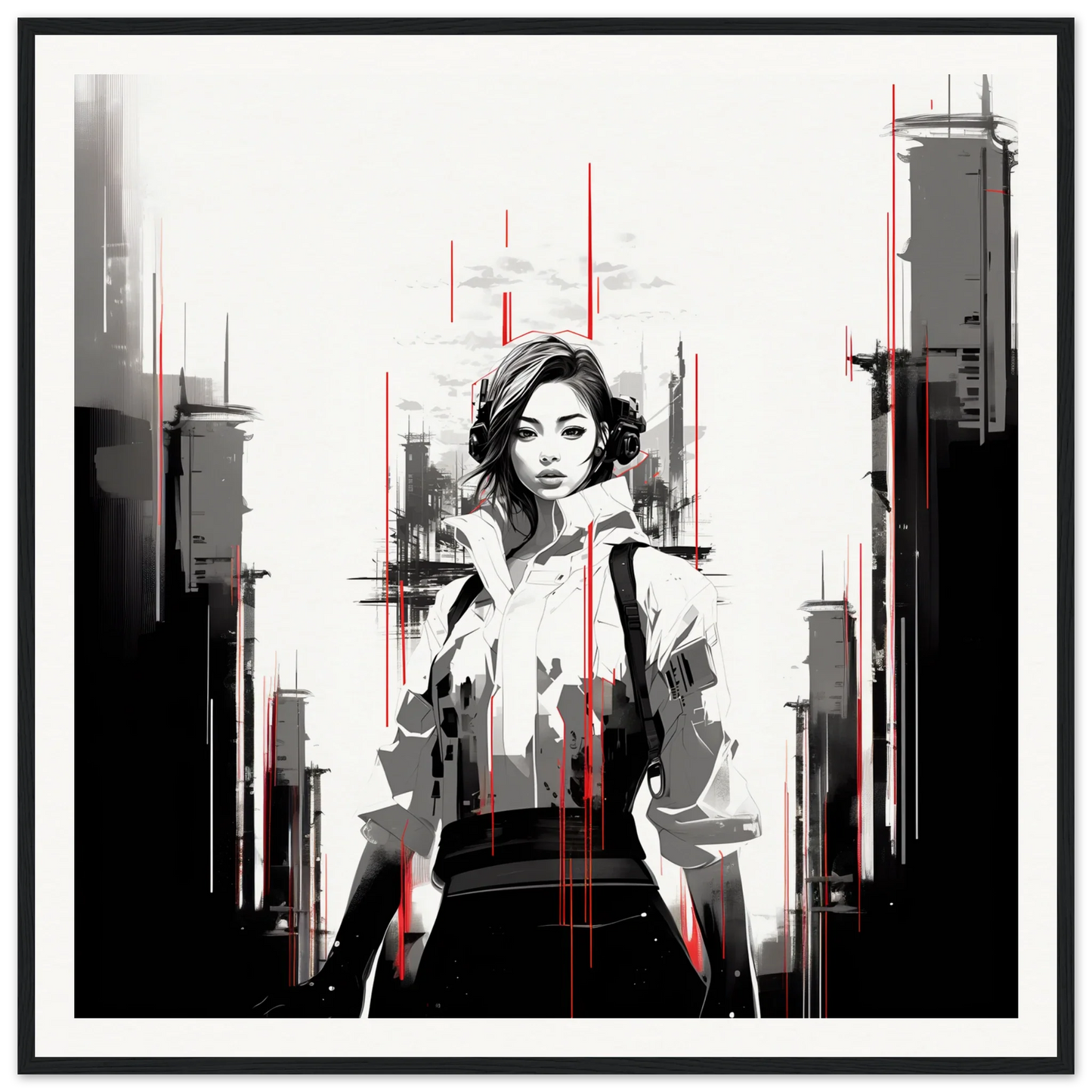 Stylized black and white portrait with bold red lines for Mono City Electric special edition