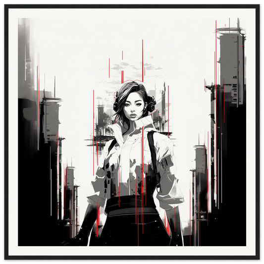 Stylized black and white portrait with bold red lines for Mono City Electric special edition