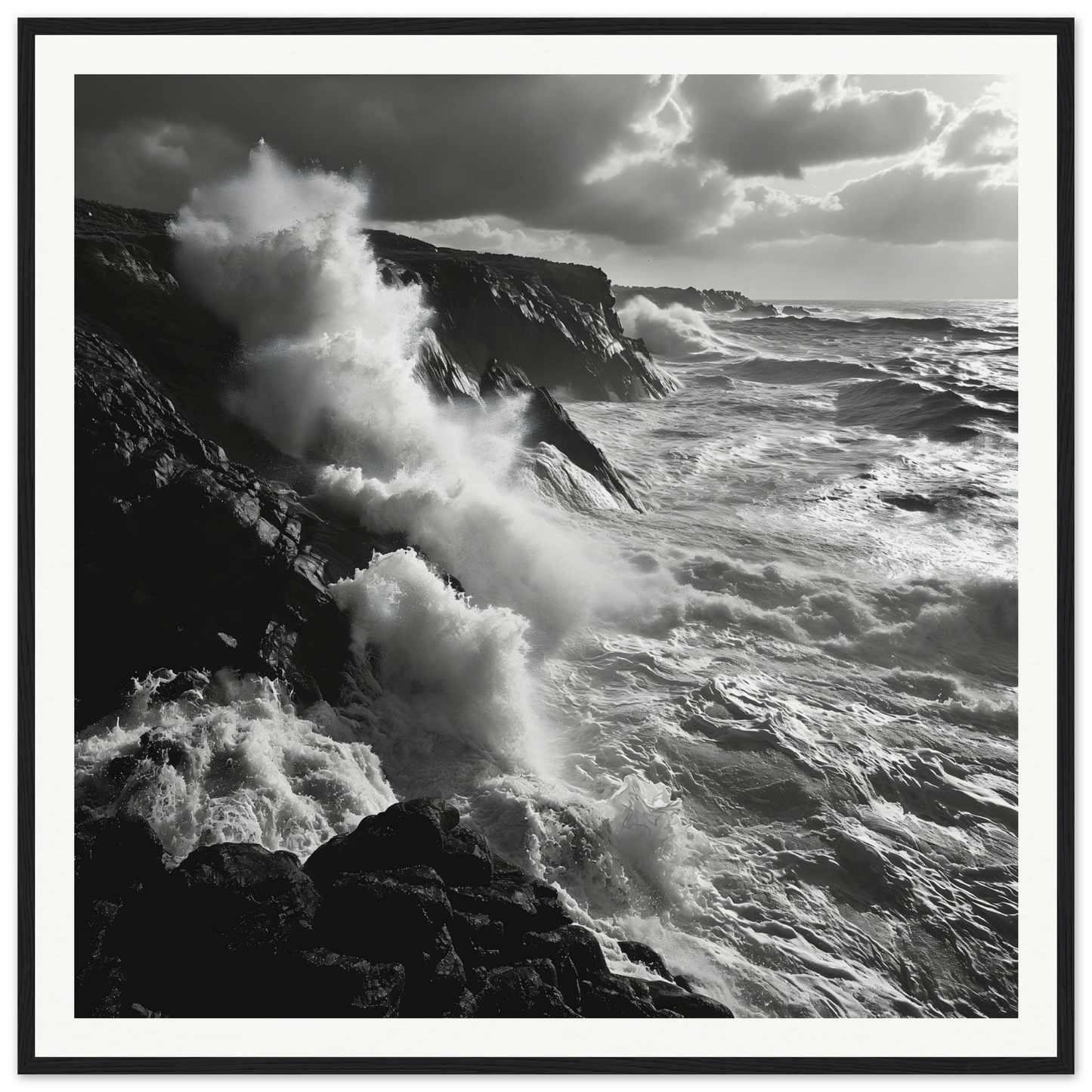 Powerful ocean waves crash on cliffs in Mystic Tempest Waltz special edition art™ framed posters