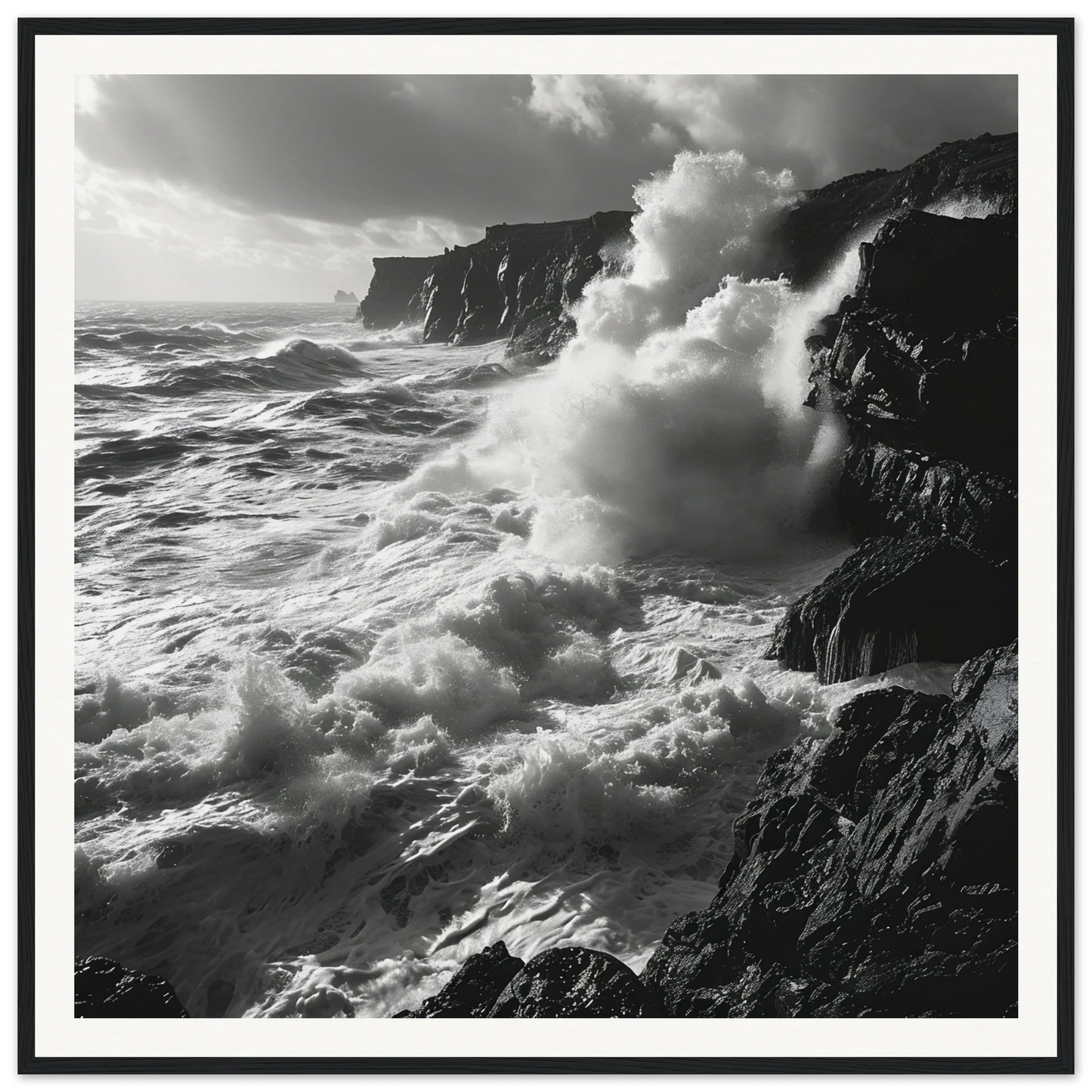 Powerful waves crash on cliffs in black and white for Ocean’s Ferocious Waltz art™