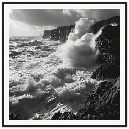 Powerful waves crash on cliffs in black and white for Ocean’s Ferocious Waltz art™