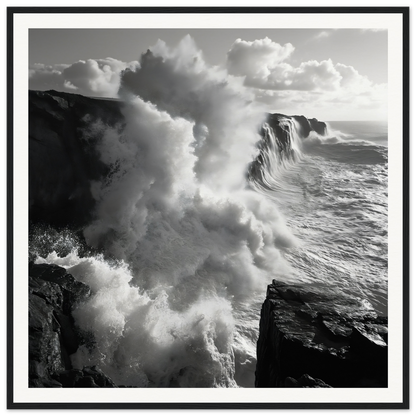 Ocean’s Mighty Whisper art featuring powerful waves crashing on rocky cliffs