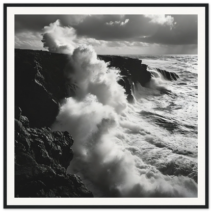 Powerful ocean waves crash on volcanic cliffs in Ocean’s Rhapsody Reflections art