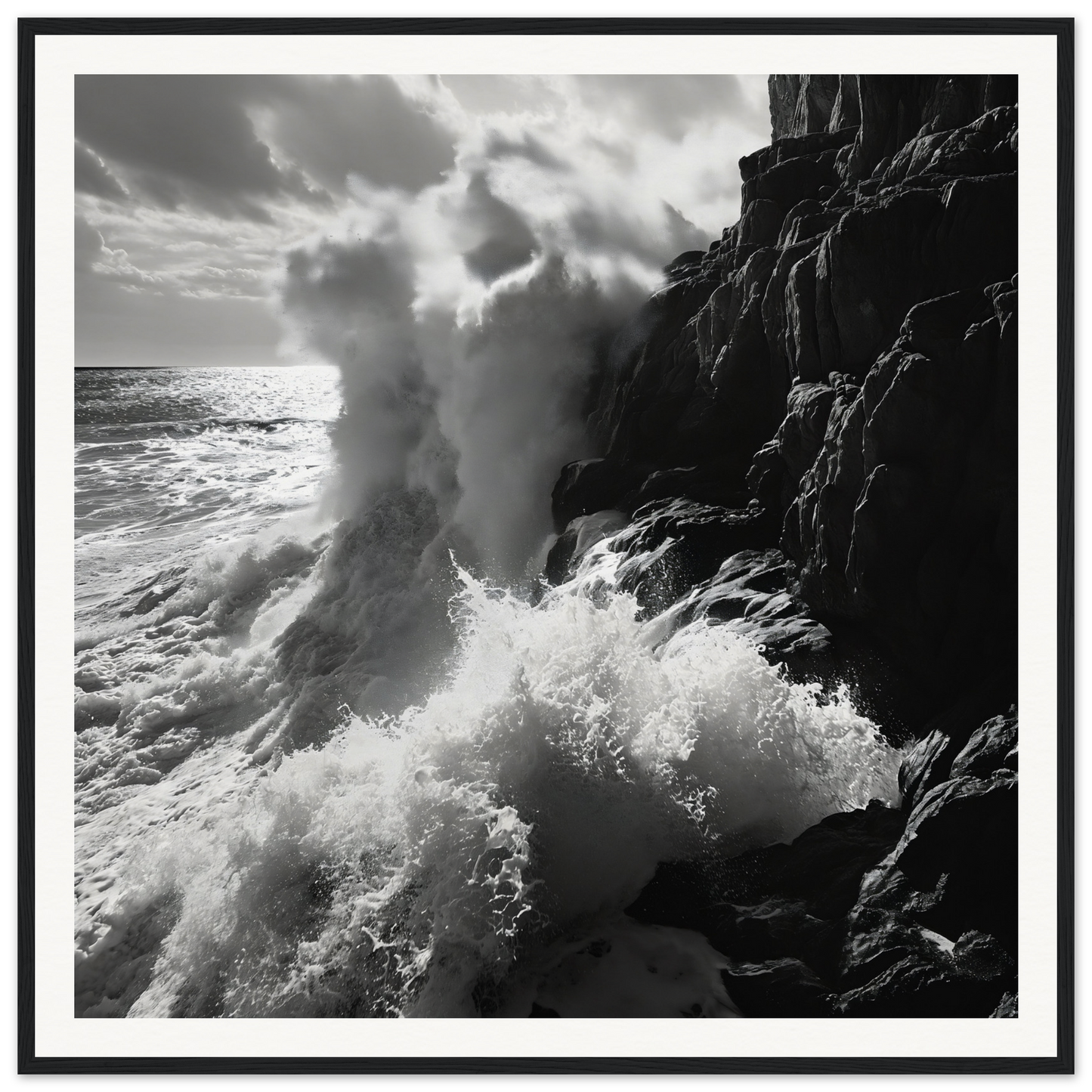 Powerful ocean waves crash against rocky cliffs, showcasing Ocean’s Unyielding Fury art