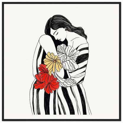 Line drawing of a figure in a striped dress holding flowers from Blossom Dreamscape Odyssey