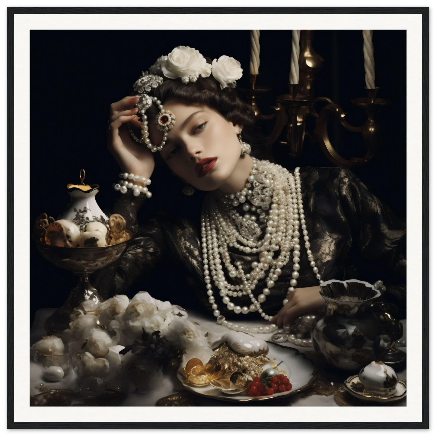 Dramatic vintage portrait showcasing Opulence’s Quiet Soul with elegant pearls and tea service