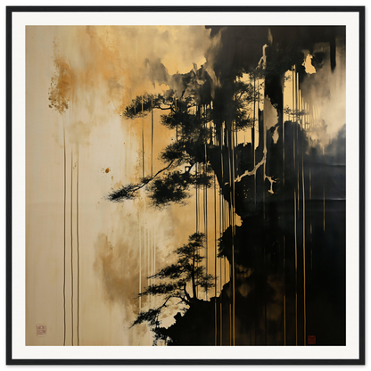 Silhouetted pine tree with dripping paint in Pine Fog Reverie museum-quality art