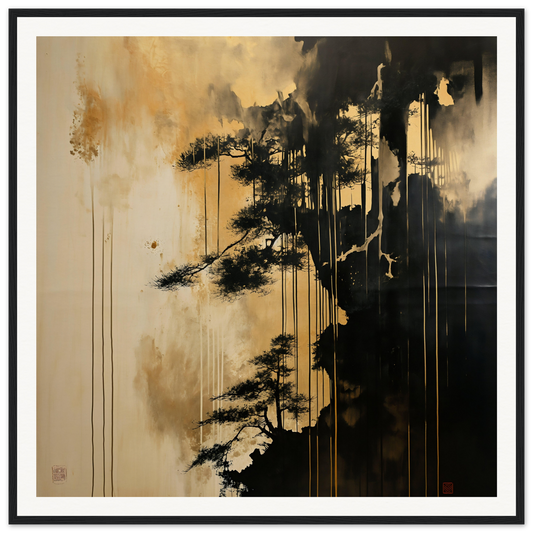 Silhouetted pine tree with dripping paint in Pine Fog Reverie museum-quality art