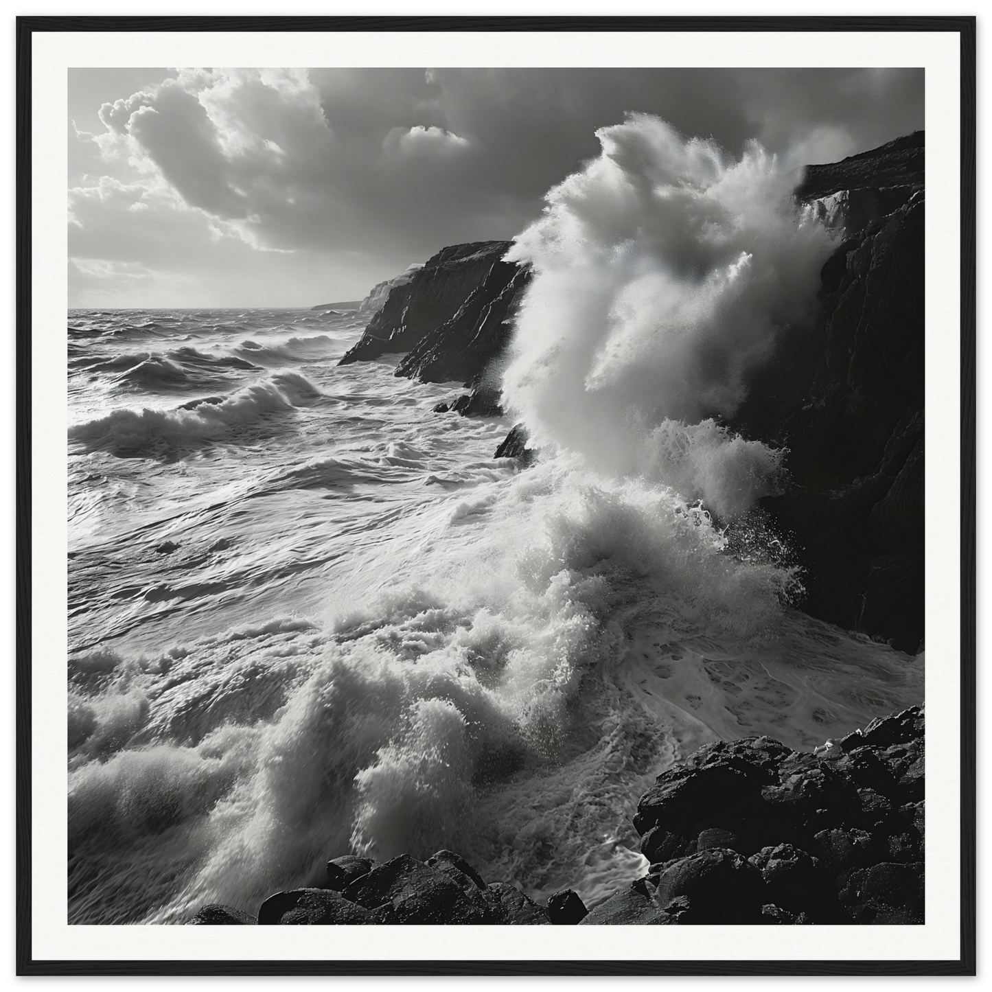 Powerful ocean waves clash with rocky cliffs in Primal Ocean Symphony framed masterpiece