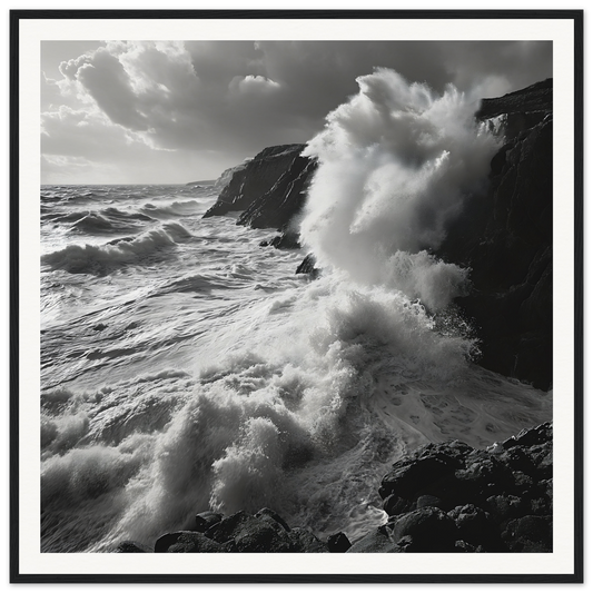 Powerful ocean waves clash with rocky cliffs in Primal Ocean Symphony framed masterpiece