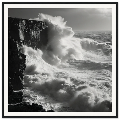 Powerful ocean waves crash against cliffs in Relentless Ocean’s Ballet framed posters