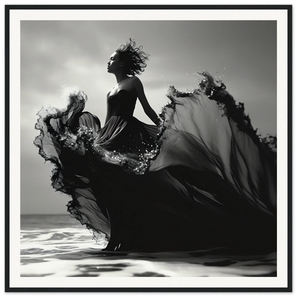 Flowing black dress silhouette against a light sky from Sea Elegance Ascends art