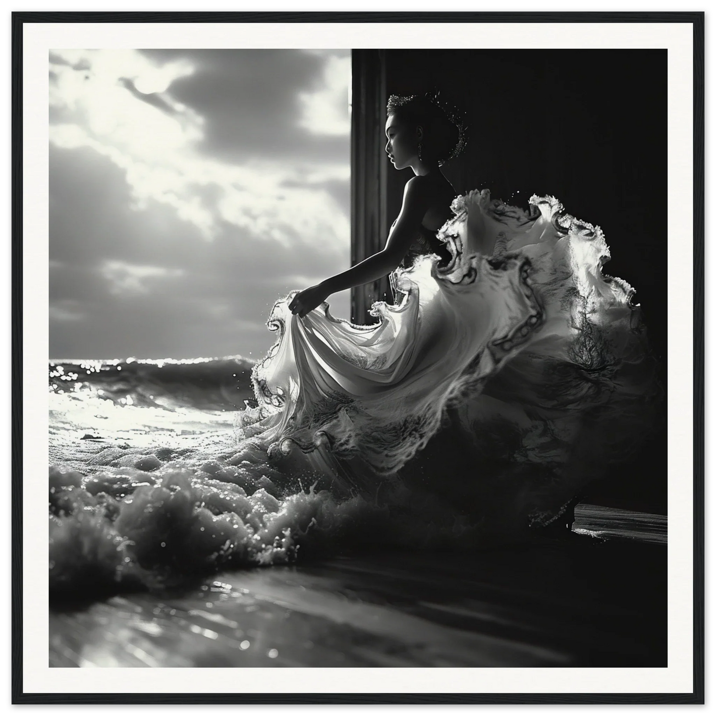 Flowing white dress in silhouette from Seas Dream Salutations, perfect for your space