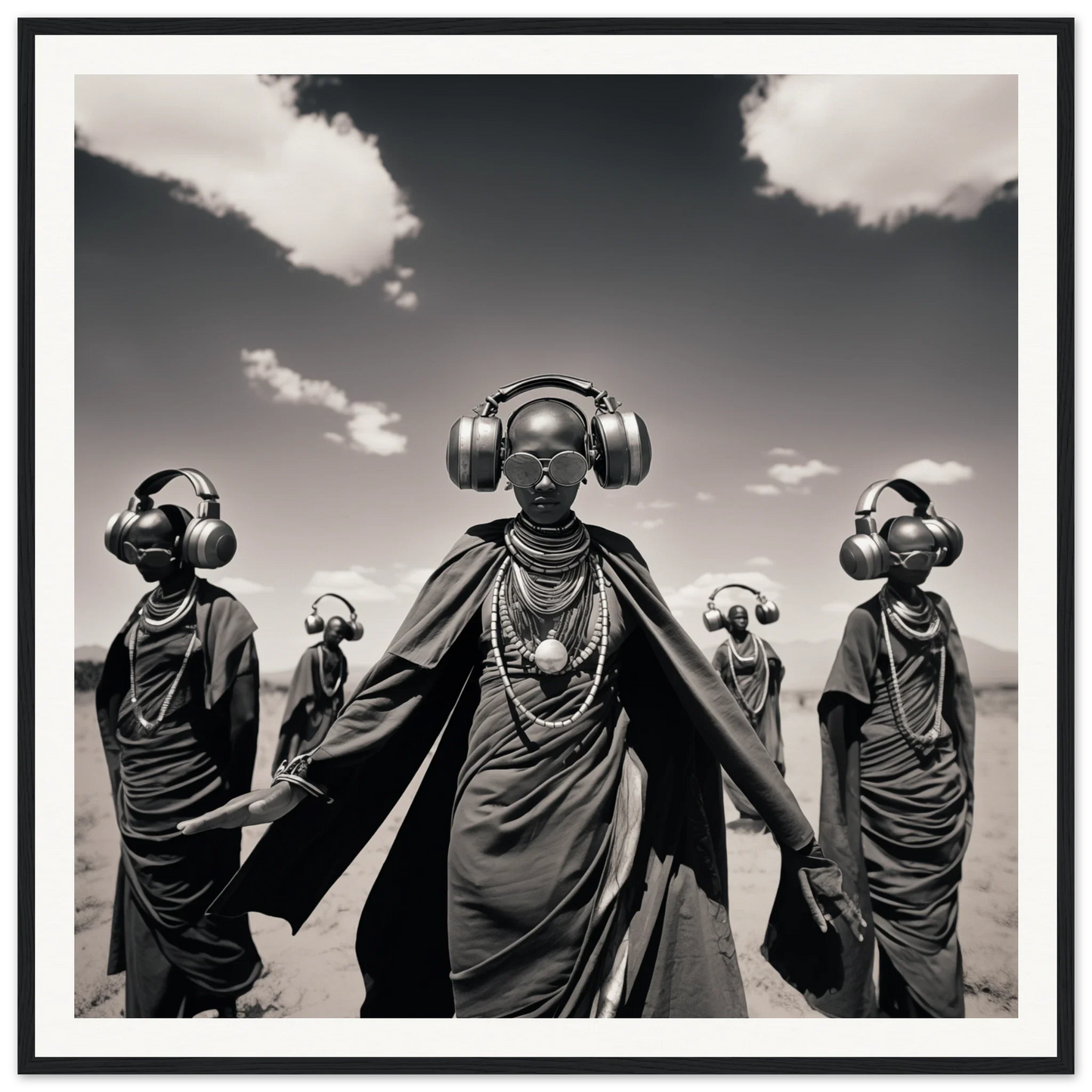 Black and white art of figures in African dress with headphones for Serengeti Space Odyssey