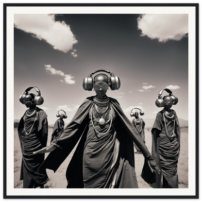 Black and white art of figures in African dress with headphones for Serengeti Space Odyssey