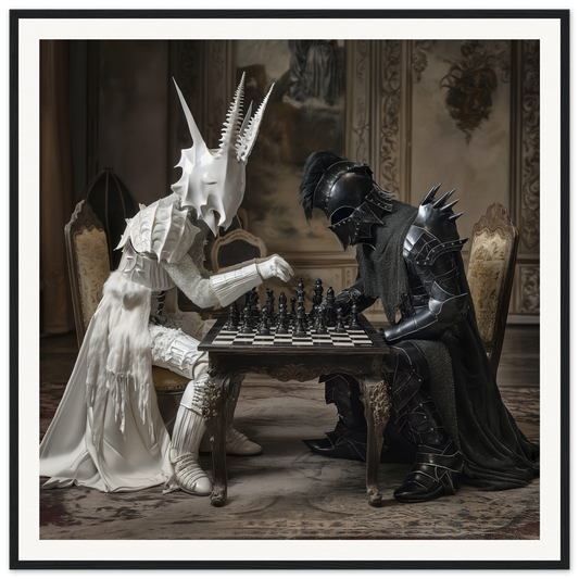 Two armored fantasy figures engaged in a chess match from Serpentine Strategists Duel art