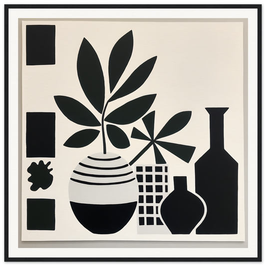 Black and white graphic of plants in vases, featured in Soma Sonata Sleek art