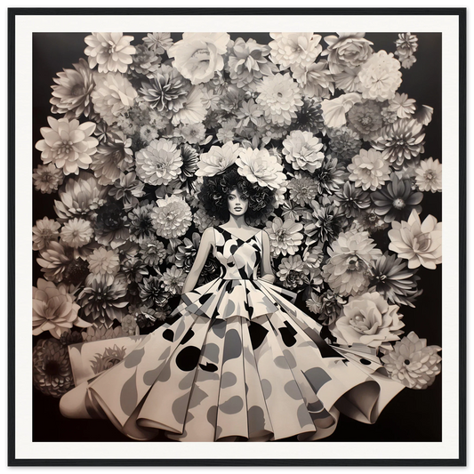 Polka dot ball gown with a full skirt in front of a Museum-Quality Framed Floral Art Print