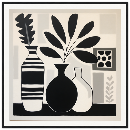 Black and white still life art of decorative vases for Stillness Serenade Meditations