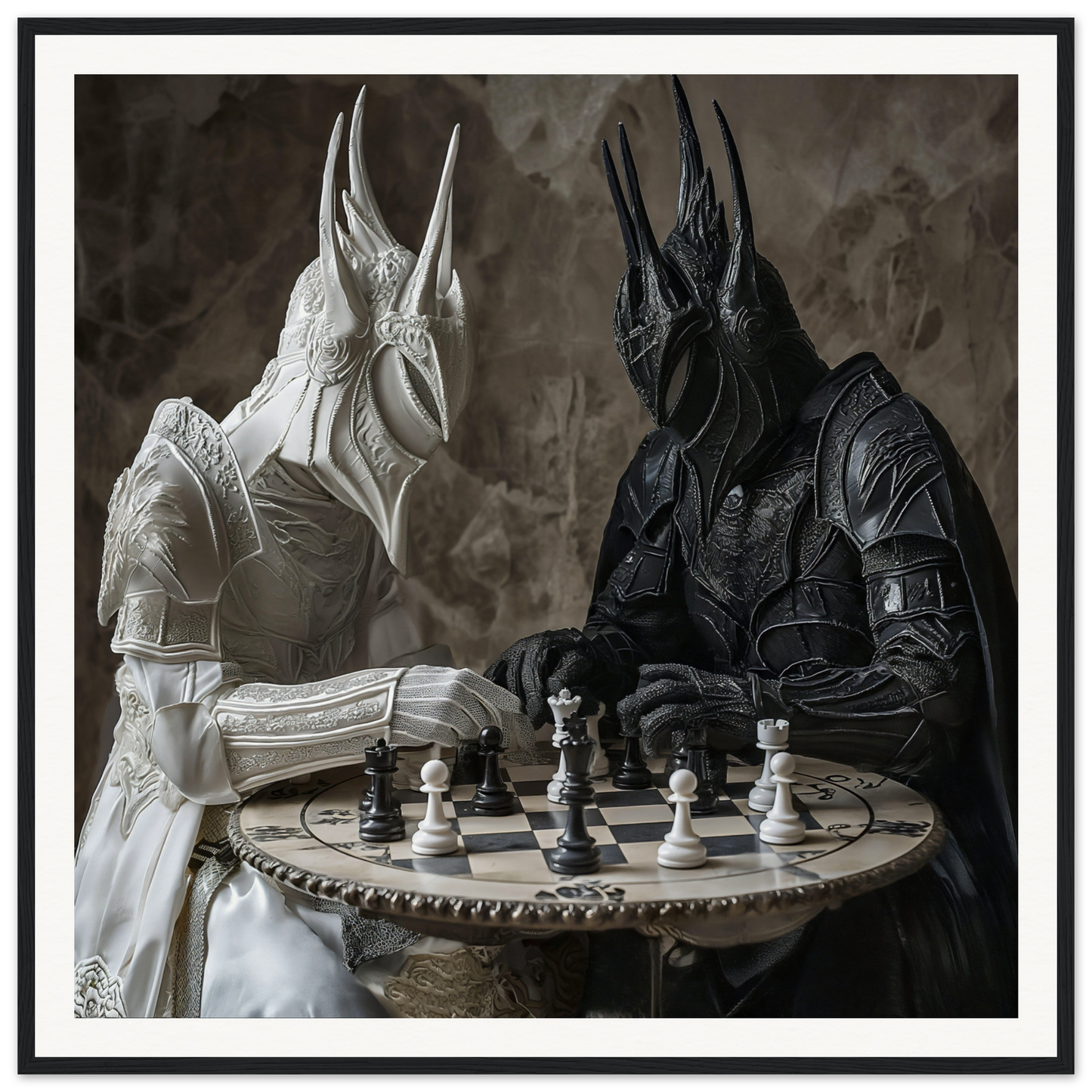 Two armored figures in light and dark playing chess in Strategic Armor Delusion art