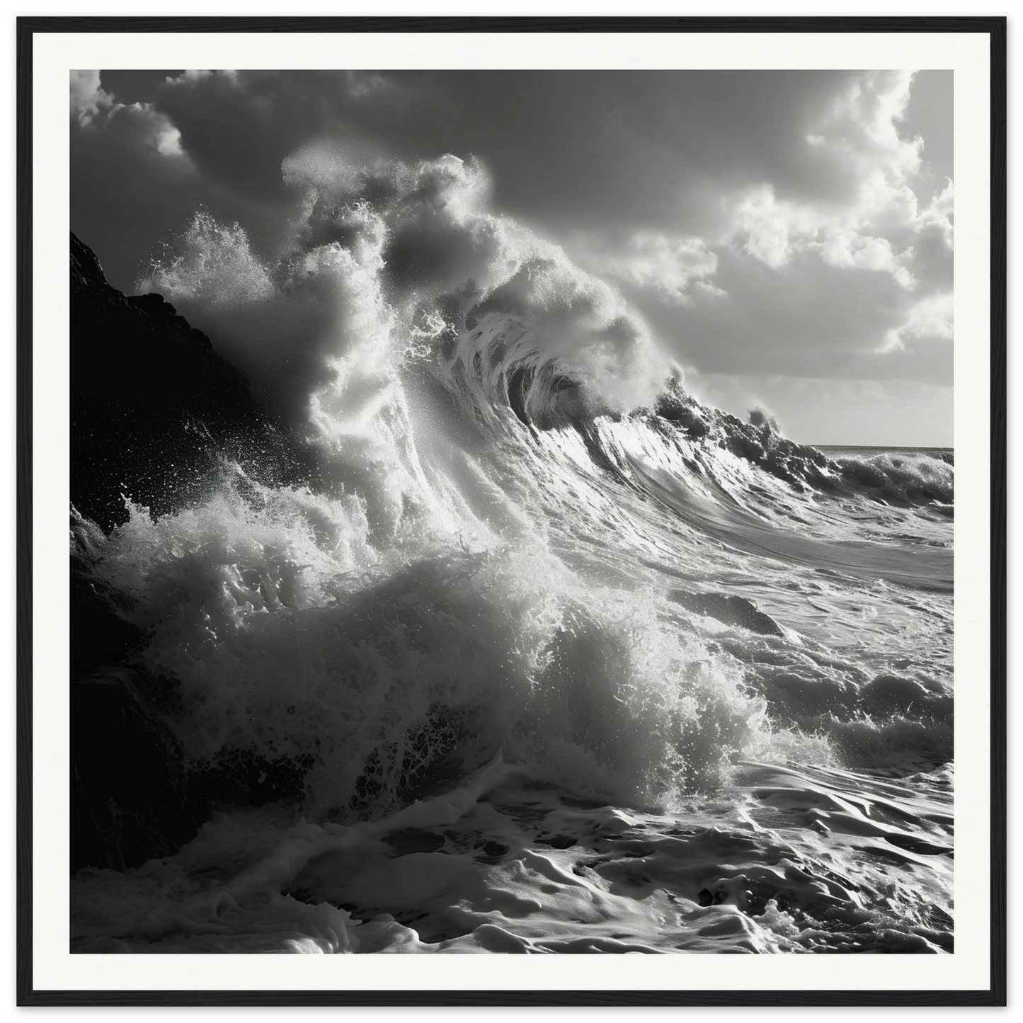 Powerful ocean wave crashes in black and white from Sublime Crest Odyssey framed wall art