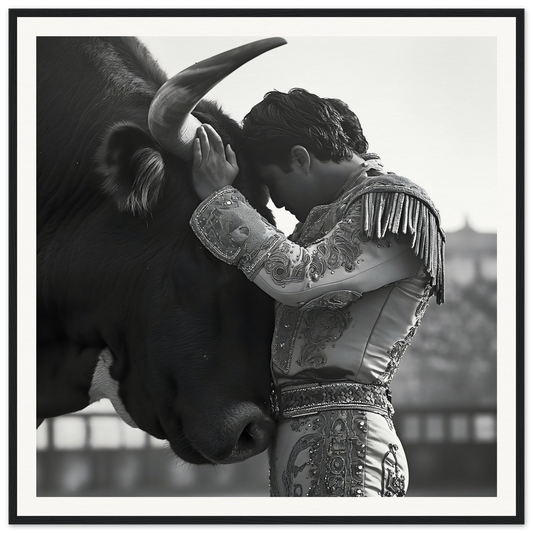 Matador in ornate suit embracing bull’s head from Sul T Toreador’s Reverie special edition art™