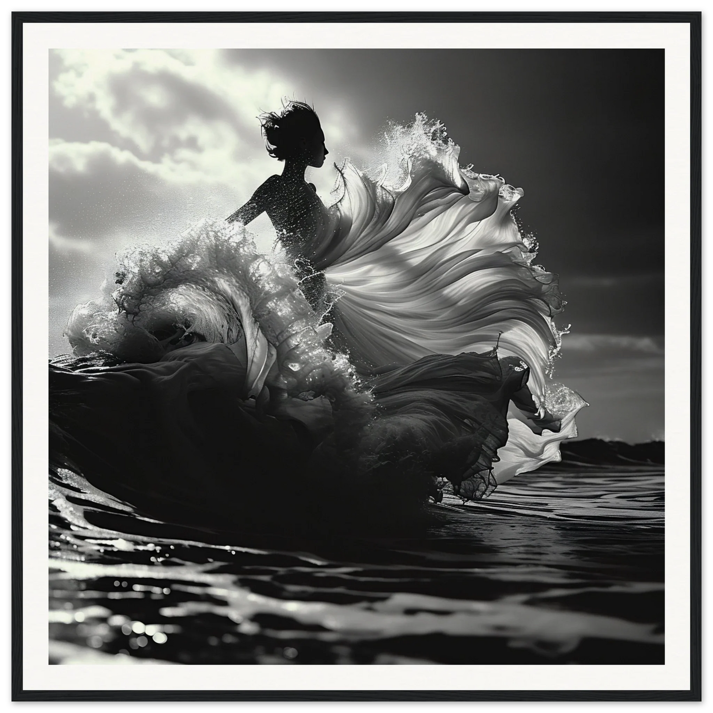 Silhouetted figure in white fabric from ocean wave, Swirling Euphoria Dance art