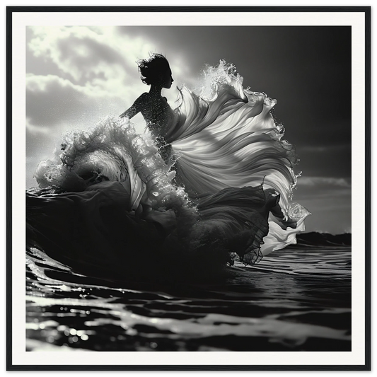 Silhouetted figure in white fabric from ocean wave, Swirling Euphoria Dance art