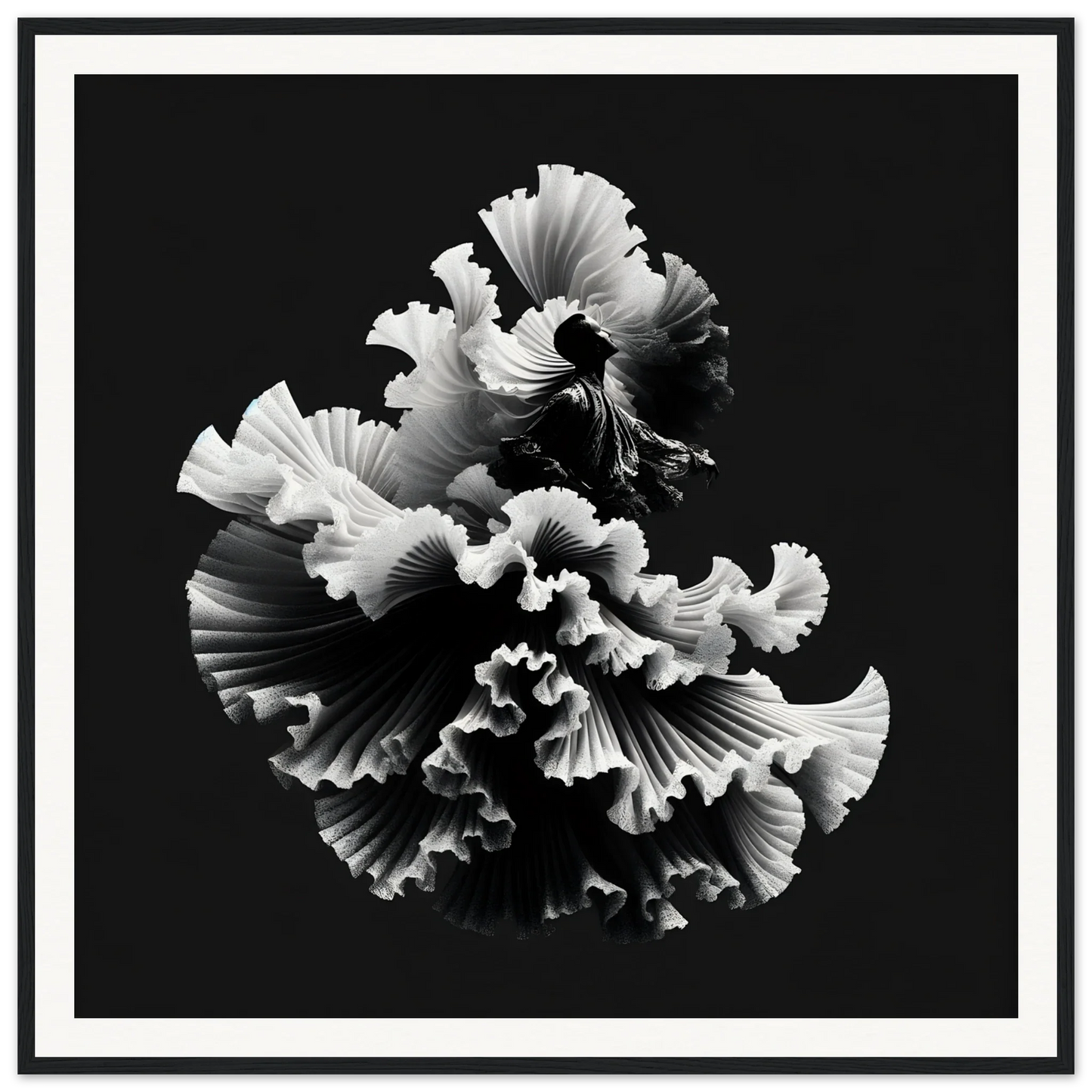 Ruffled white coral-like petals in a spiral, Swirling Euphoria Unbound art piece