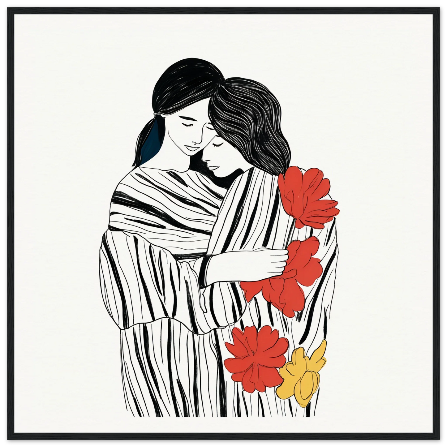 Line drawing of a couple in a tender embrace symphony wrapped in floral fabric