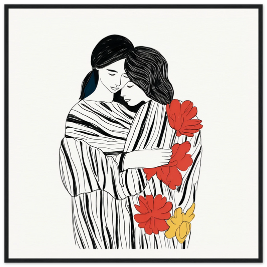 Line drawing of a couple in a tender embrace symphony wrapped in floral fabric