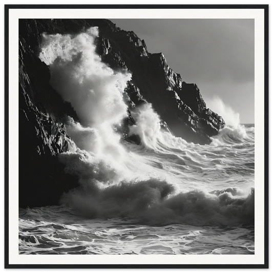 Powerful ocean waves crash on rocky cliffs in Tidal Unfurl Dance framed wall art