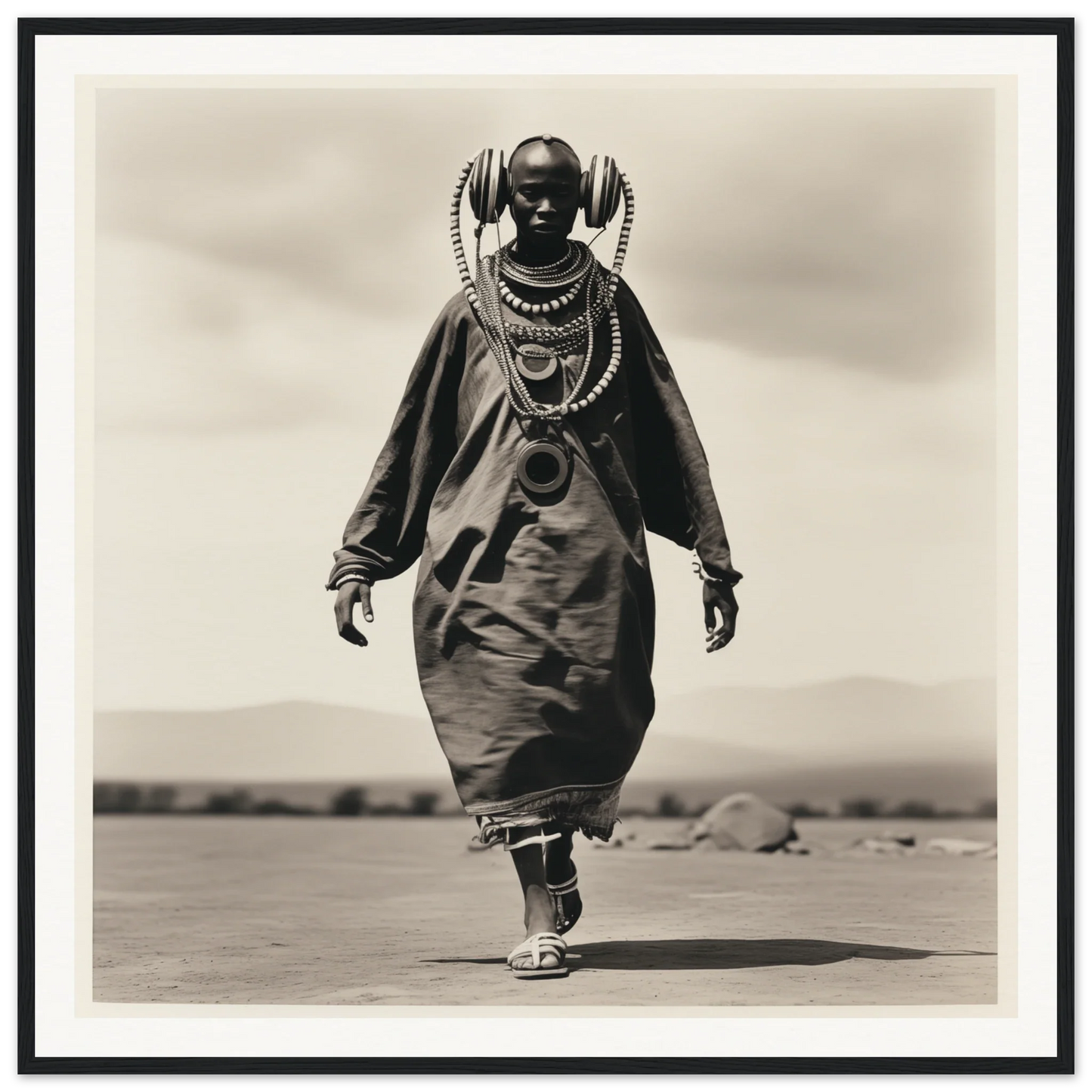 Black and white image of a Maasai in ceremonial dress for Timeless Tribal Steps art