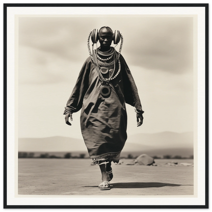 Black and white image of a Maasai in ceremonial dress for Timeless Tribal Steps art